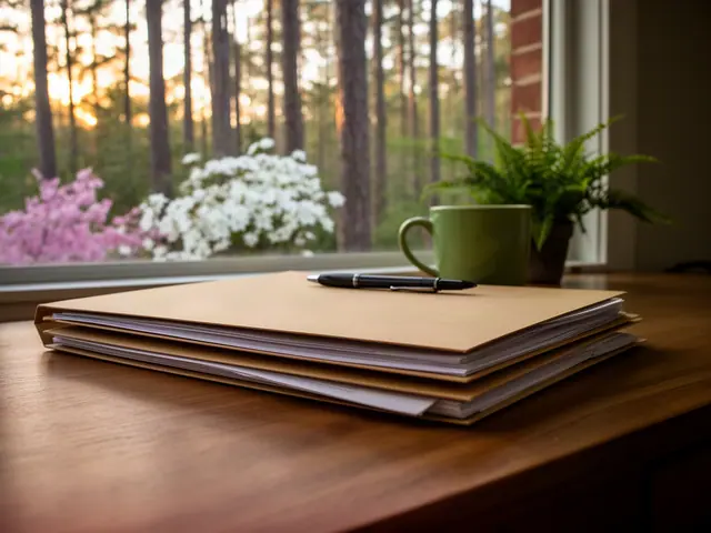 Closed kraft folders with a pen on a desk by a window onto pines, dogwoods and redbuds.