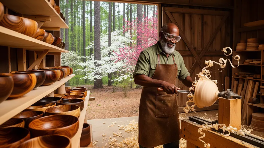 A woodturner shapes a spinning bowl at his lathe as shavings fly, shelves of finished wooden bowls and blooming dogwoods behind him.